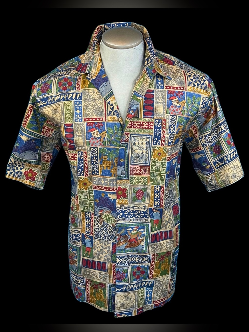 90s Tori Richards BOXING DAY Patchwork Hawaiian SANTA Resort Shirt | S